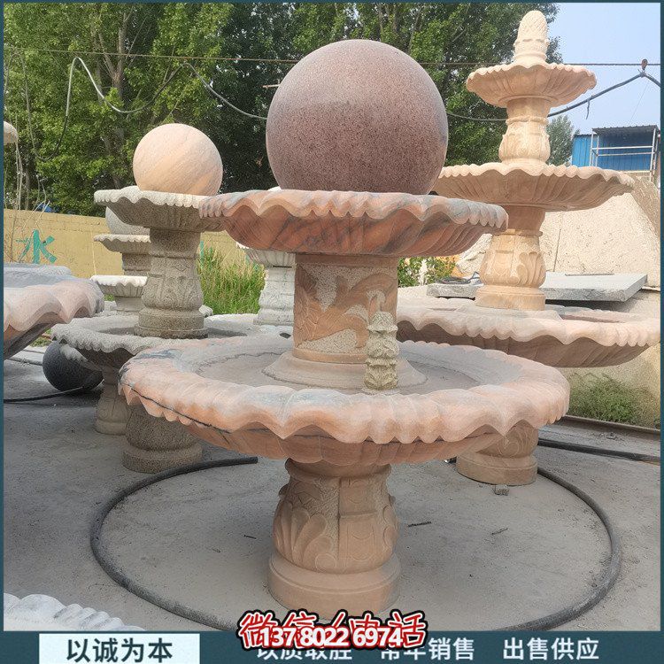 精美紅石雕園林景觀風(fēng)水噴泉流水擺件