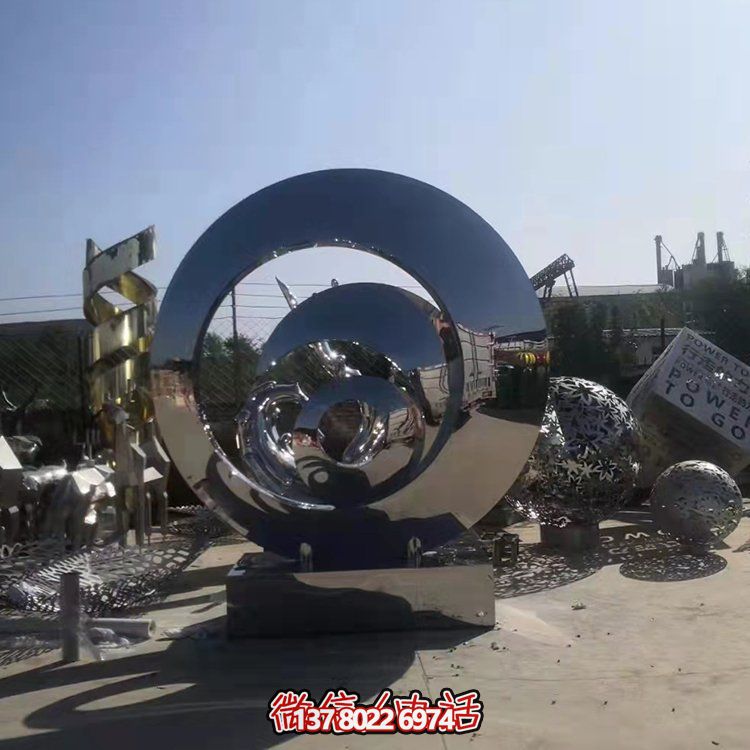 不銹鋼抽象幾何雕塑，鏡面圓環裝飾廣場、園林