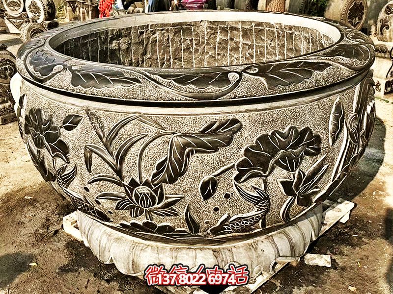 精美大理石浮雕蓮花缸，現(xiàn)代庭院裝飾雕塑
