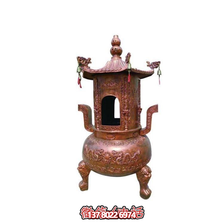 純銅香爐四柱舍利塔，裝飾寺院舍利