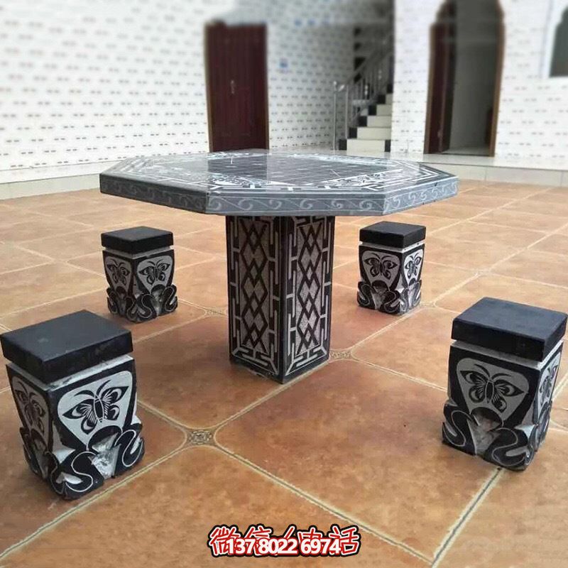 家用庭院擺放大理石雕刻花紋六角石桌石凳 家用庭院擺放大理石雕刻花紋六角石桌石凳